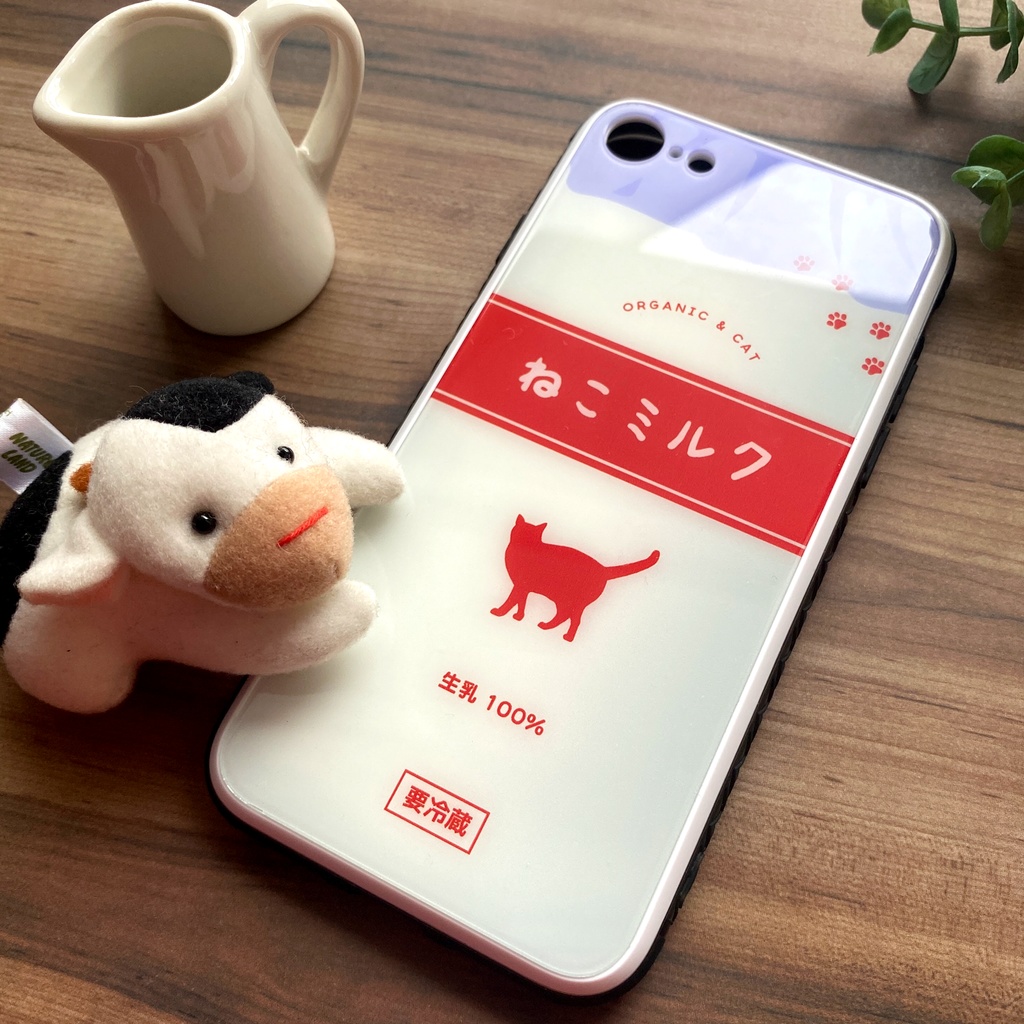 ねこミルクのガラススマホケース（赤/強化ガラス） 猫 動物 黒猫 メンズ iphone12 スマホケース iphone15 iphone13 iphone14 SE 第3世代
