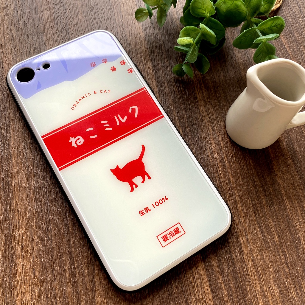 ねこミルクのガラススマホケース(赤/強化ガラス) 猫 動物 黒猫 メンズ iPhone17 Air iphone16 スマホケース iphone15 iphone13 iphone14 SE 第3世代
