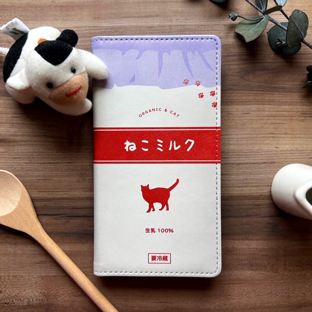 ねこミルクの手帳型スマホケース（赤）  iphone15 全機種対応 猫 ミルク 牛乳 iphone13 iphone14 XR 他