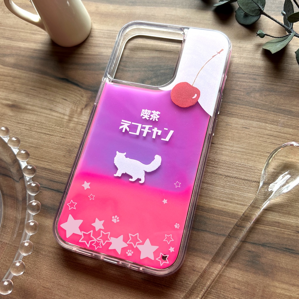 ねこねこいちごソーダのネオンスマホケース 猫 いちご iphone14 iPhone16 iphone15 iPhone16e XR 他
