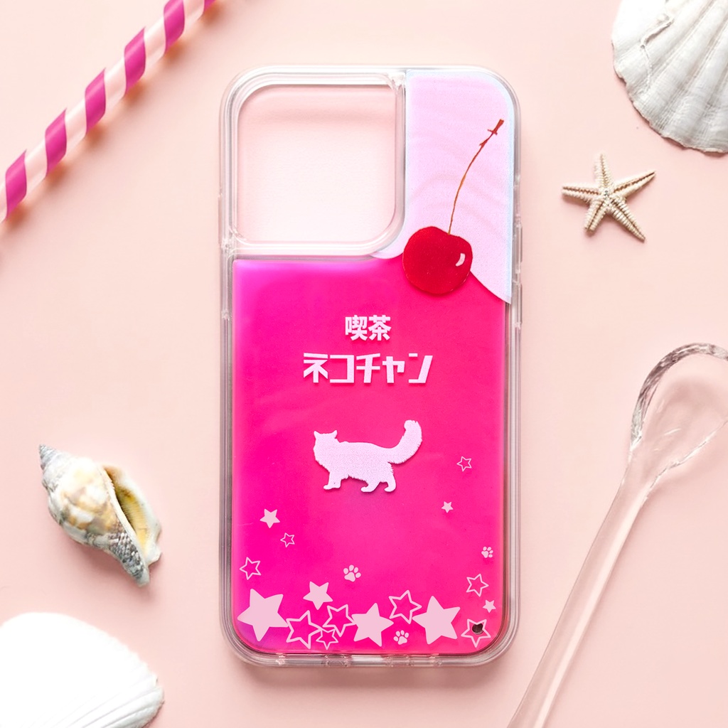 ねこねこいちごソーダのネオンスマホケース 猫 いちご iphone14 iPhone16 iphone15 iPhone16e XR 他