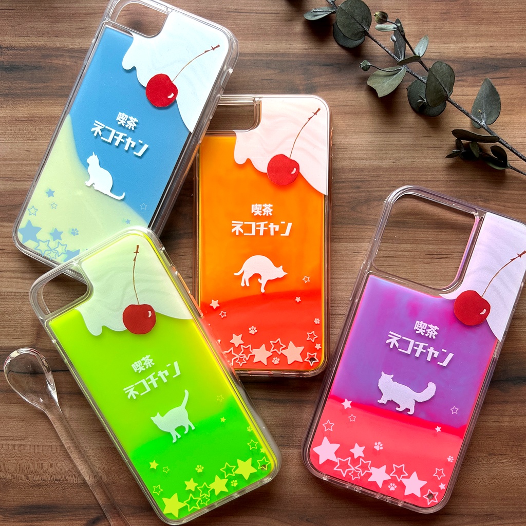 ねこねこいちごソーダのネオンスマホケース 猫 いちご iphone14 iPhone16 iphone15 iPhone16e XR 他