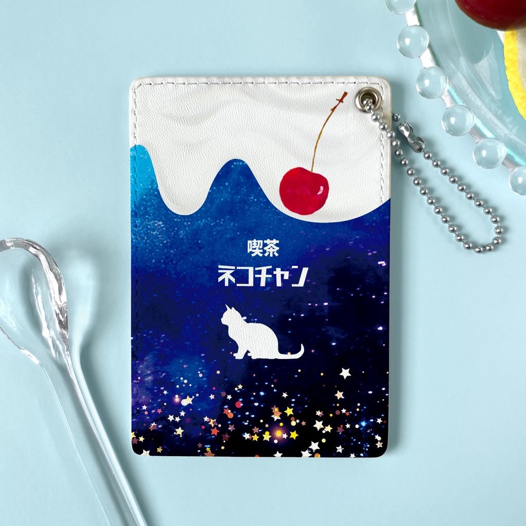宇宙猫とクリームソーダのパスケース 猫 定期入れ メンズ カードケース 宇宙 星座 ソーダ