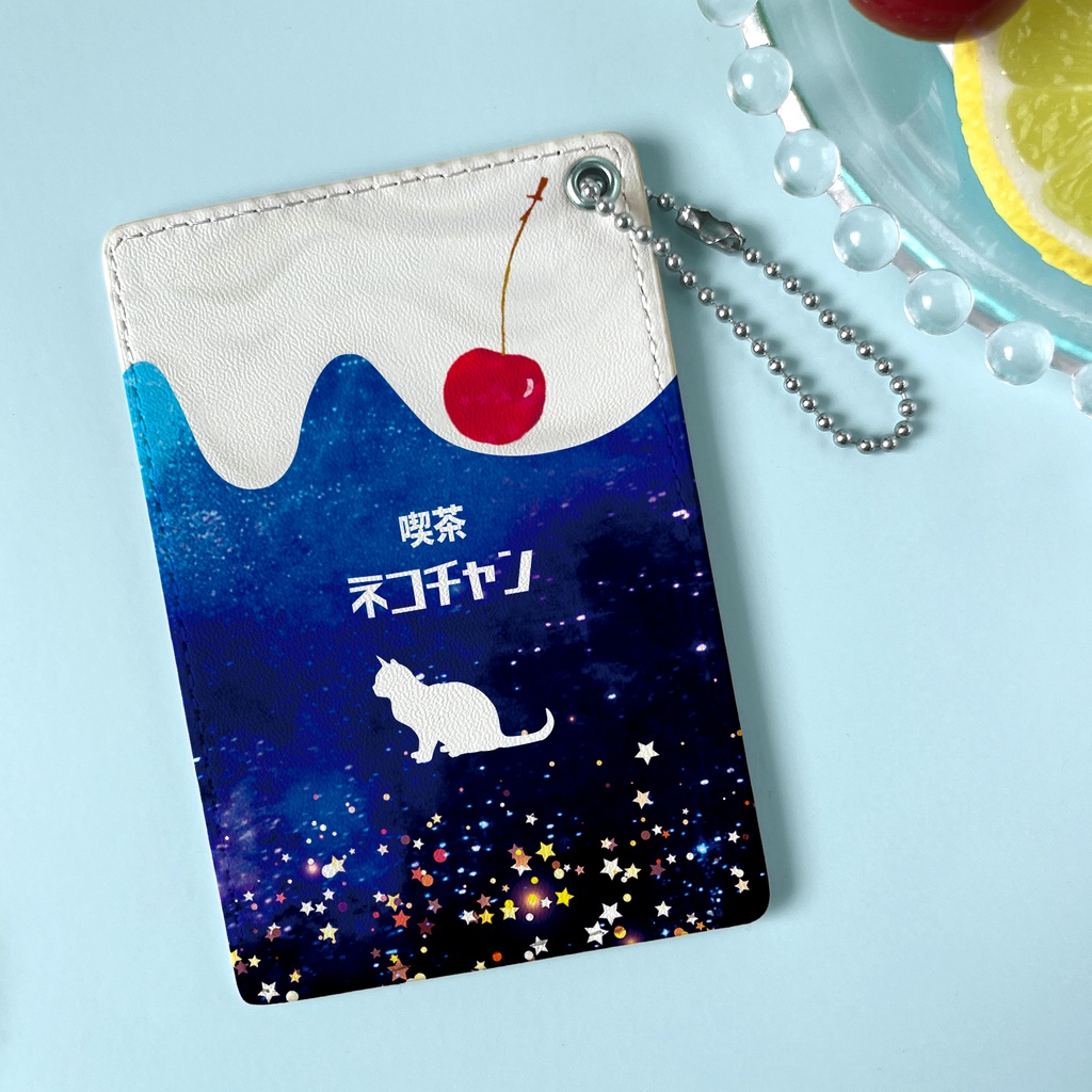 宇宙猫とクリームソーダのパスケース 猫 定期入れ メンズ カードケース 宇宙 星座 ソーダ