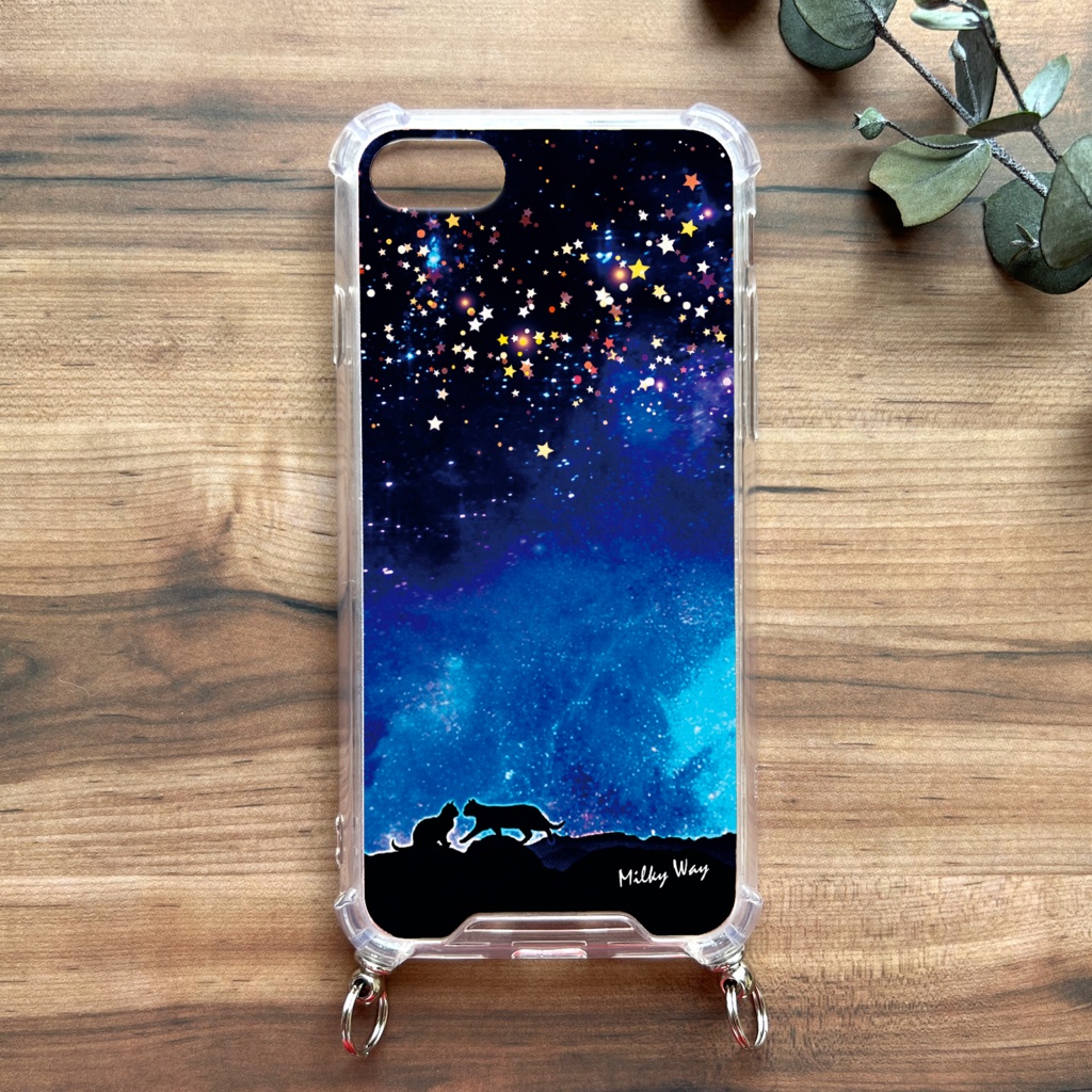 星空デートな猫のスマホケース(ストラップ付き) 猫 宇宙 星 スマホショルダー iphone15 iphone16 iPhone17 Air iphone13 他