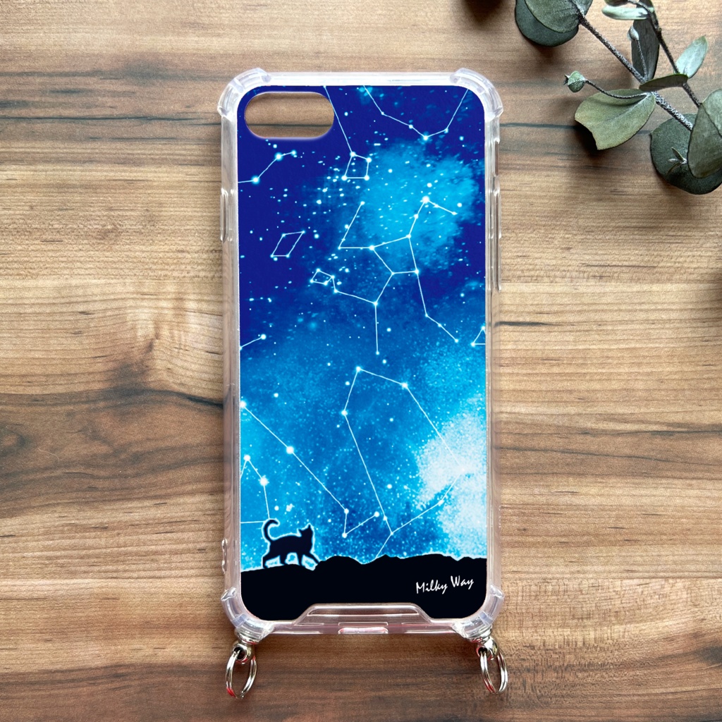 猫と星座のスマホケース(ストラップ付き) 猫 宇宙 星 スマホショルダー iphone15 iphone16 iphone14 iPhone17 Air iphone13 XR 他