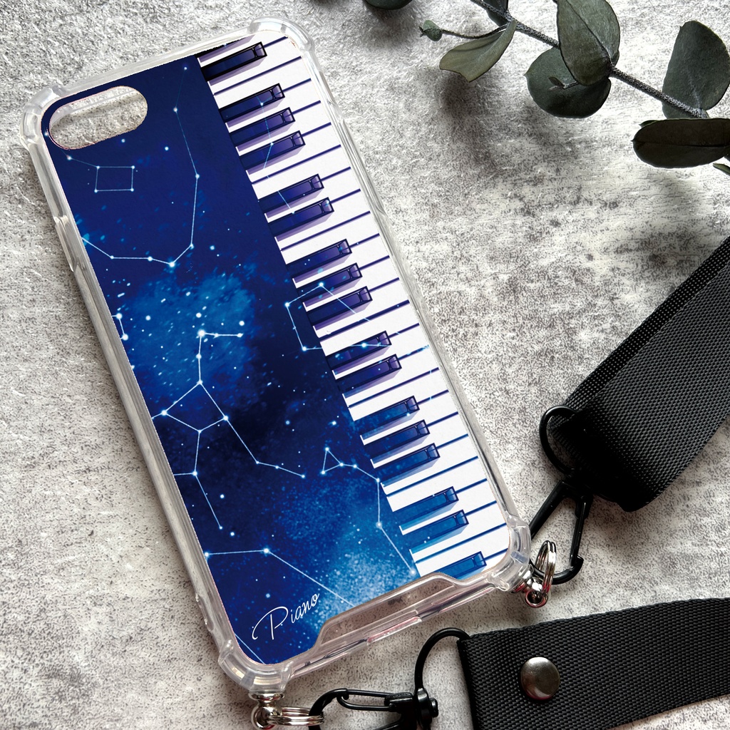 宇宙とピアノのスマホケース（ストラップ付き） 宇宙 星 スマホショルダー iphone15 iphone13 iphone14 XR 他