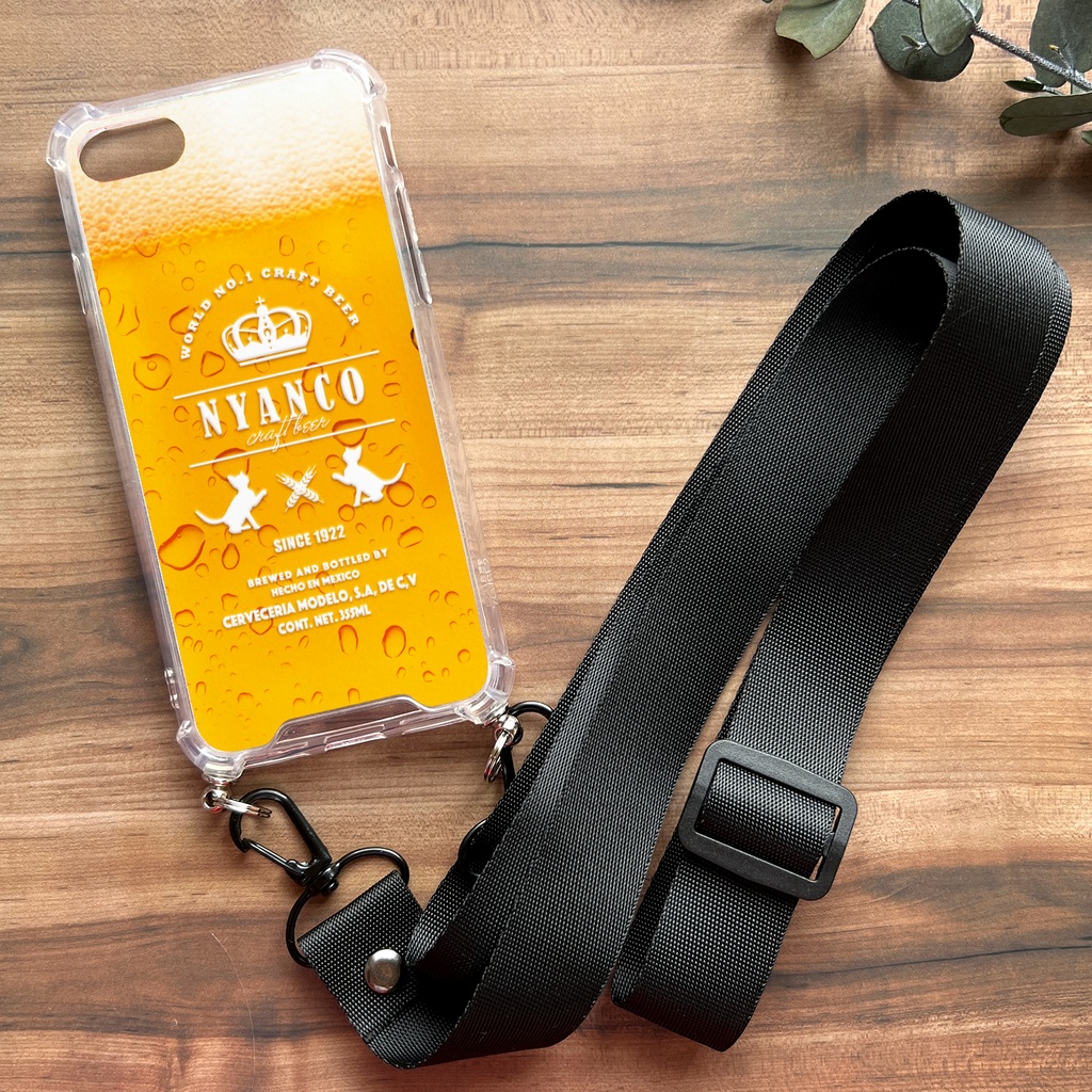 ビールにゃんこのスマホケース(ストラップ付き) 猫 酒 スマホショルダー iphone15 iphone16 iphone14 XR iPhone17 Air iphone13 他