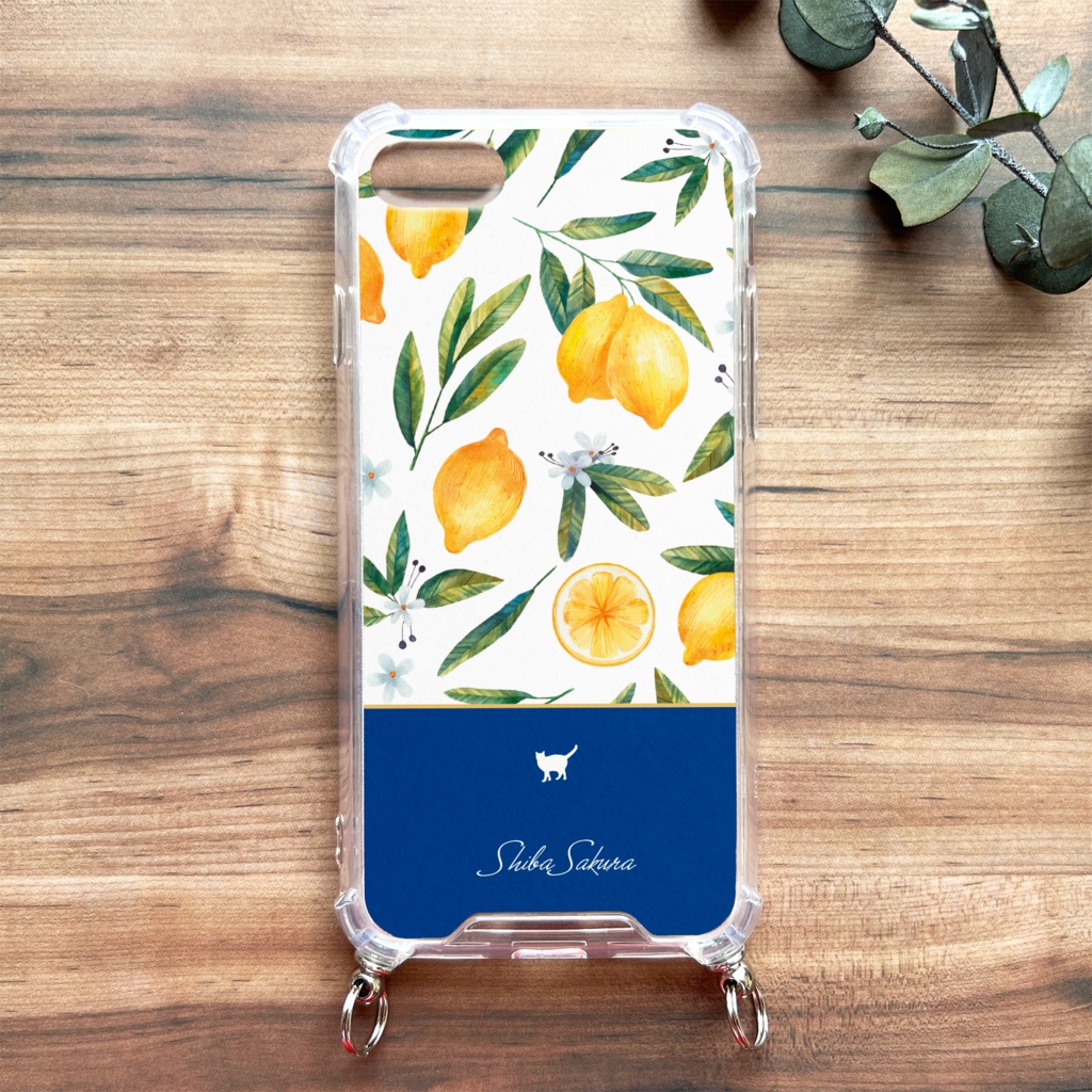 にゃんこレモンのスマホケース(ネイビー/ストラップ付き) 猫 スマホショルダー iphone15 iphone16 iphone14 XR iPhone17 Air iphone13 他