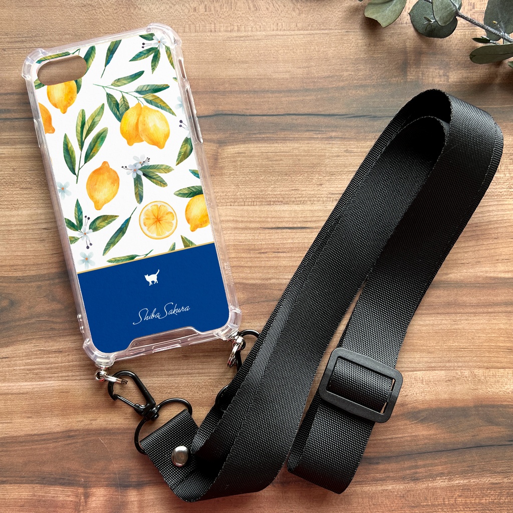 にゃんこレモンのスマホケース(ネイビー/ストラップ付き) 猫 スマホショルダー iphone15 iphone16 iphone14 XR iPhone17 Air iphone13 他