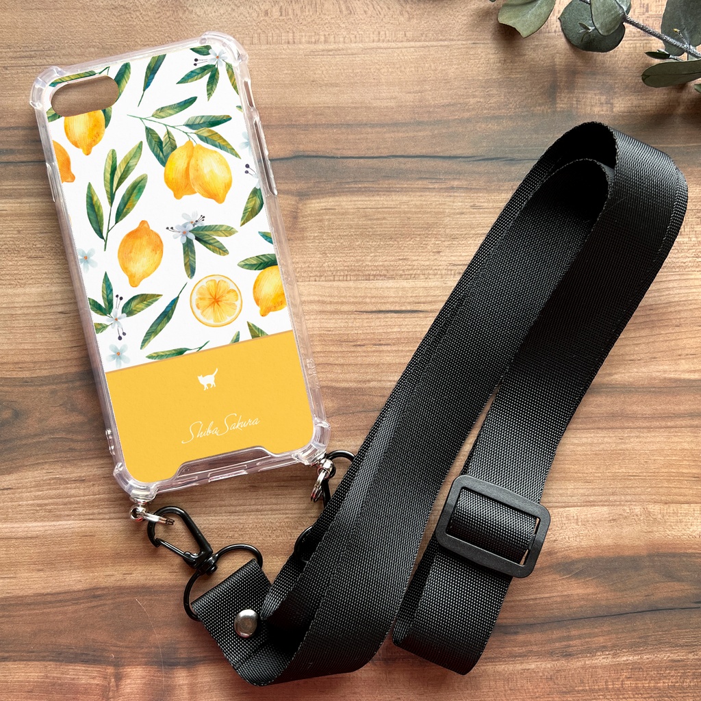 にゃんこレモンのスマホケース(イエロー/ストラップ付き) 猫 スマホショルダー レモン 夏 iphone14 iphone15 iphone16 XR iPhone17 Air iphone13 他