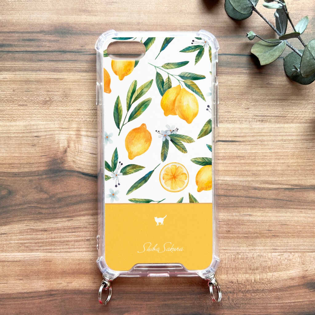 にゃんこレモンのスマホケース(イエロー/ストラップ付き) 猫 スマホショルダー レモン 夏 iphone14 iphone15 iphone16 XR iPhone17 Air iphone13 他