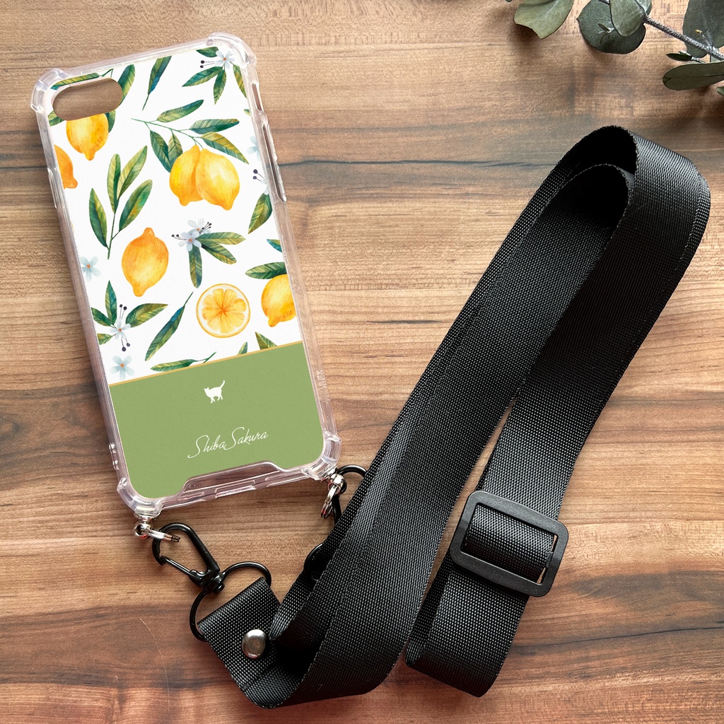 にゃんこレモンのスマホケース(グリーン/ストラップ付き) 猫 スマホショルダー iphone15 iphone16 iphone14 iPhone17 Air iphone13 他
