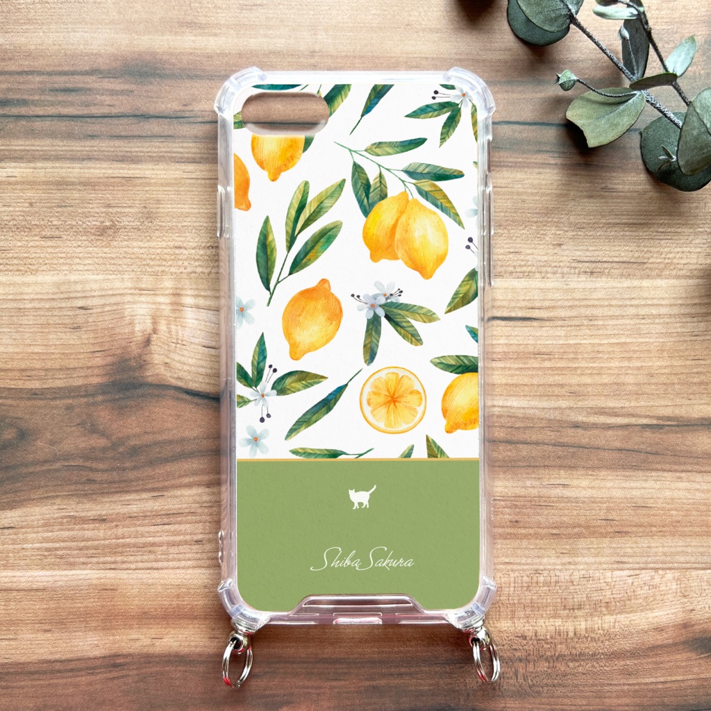 にゃんこレモンのスマホケース(グリーン/ストラップ付き) 猫 スマホショルダー iphone15 iphone16 iphone14 iPhone17 Air iphone13 他