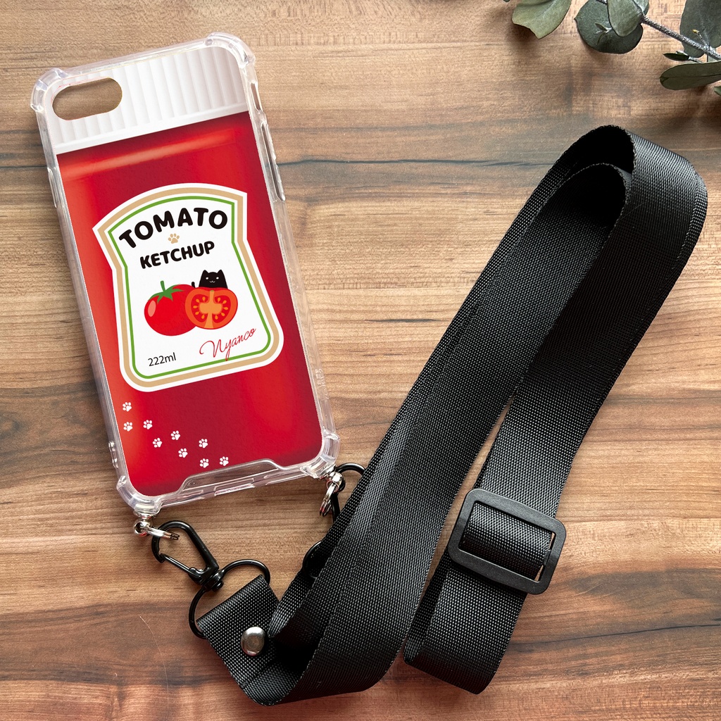 にゃんこケチャップのスマホケース(ストラップ付き) iPhone17 Air iphone13 猫 スマホショルダー 黒猫 メンズ iphone14 iphone15 iphone16 XR 他
