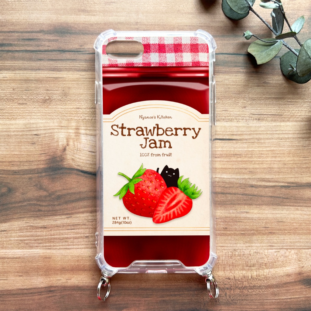 黒猫いちごジャムのスマホケース(ストラップ付き) 猫 黒猫 いちご スマホショルダー iphone14 iphone15 iphone16 iPhone17 Air iphone13 XR 他