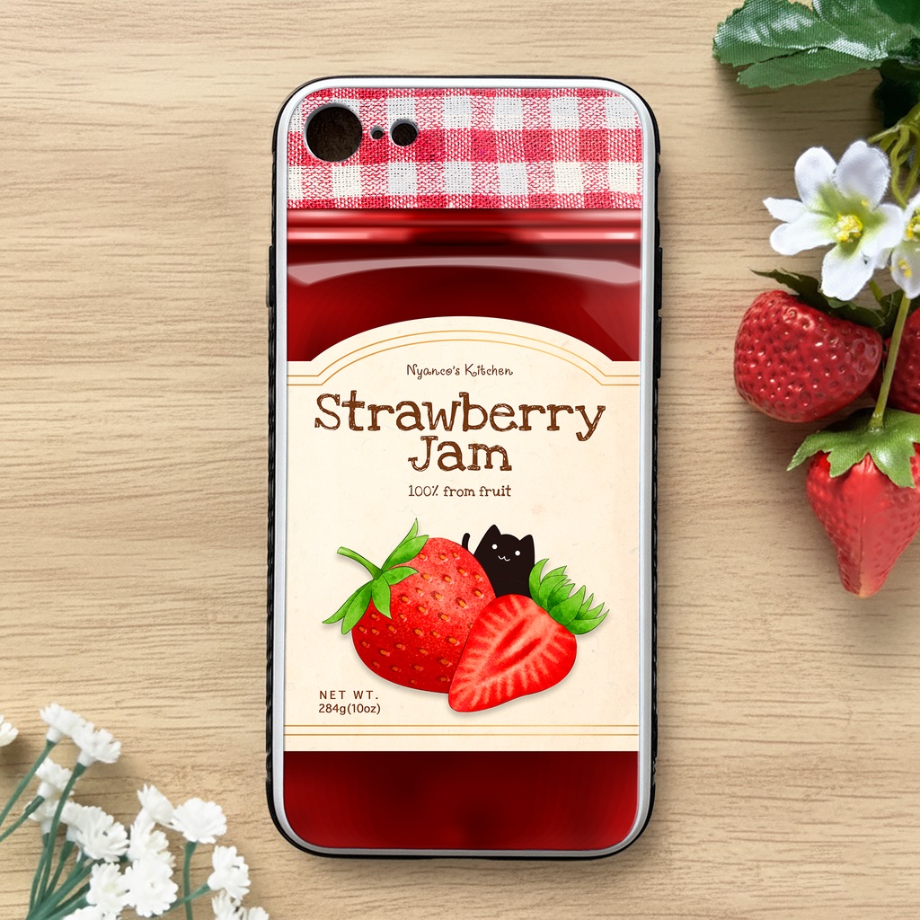 黒猫いちごジャムのスマホケース（強化ガラス)  iphone15 いちご 猫 iPhone17 Air iphone13 iphone16 iphone14 他