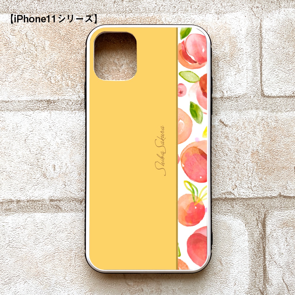 フレッシュピーチのガラススマホケース(ピーチイエロー/強化ガラス) 桃 iPhone17 Air iphone13 XR iphone14 iphone16 iphone15 他