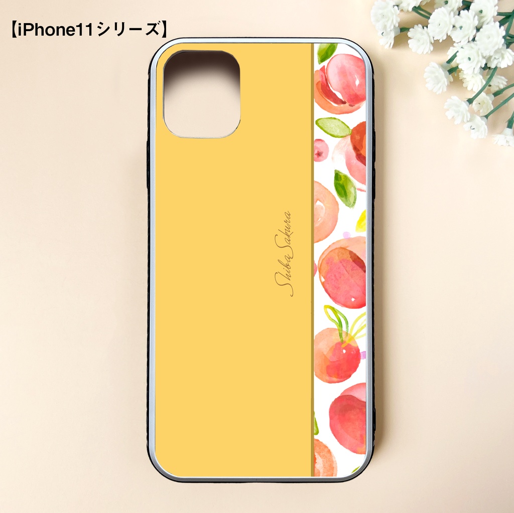 フレッシュピーチのガラススマホケース(ピーチイエロー/強化ガラス) 桃 iPhone17e Air iphone13 XR iphone14 iphone16 iphone15 他