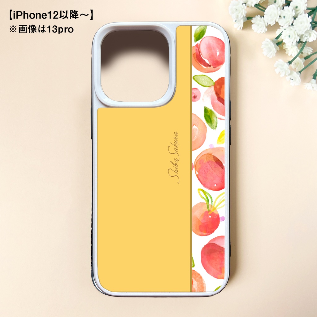フレッシュピーチのガラススマホケース(ピーチイエロー/強化ガラス) 桃 iPhone17e Air iphone13 XR iphone14 iphone16 iphone15 他