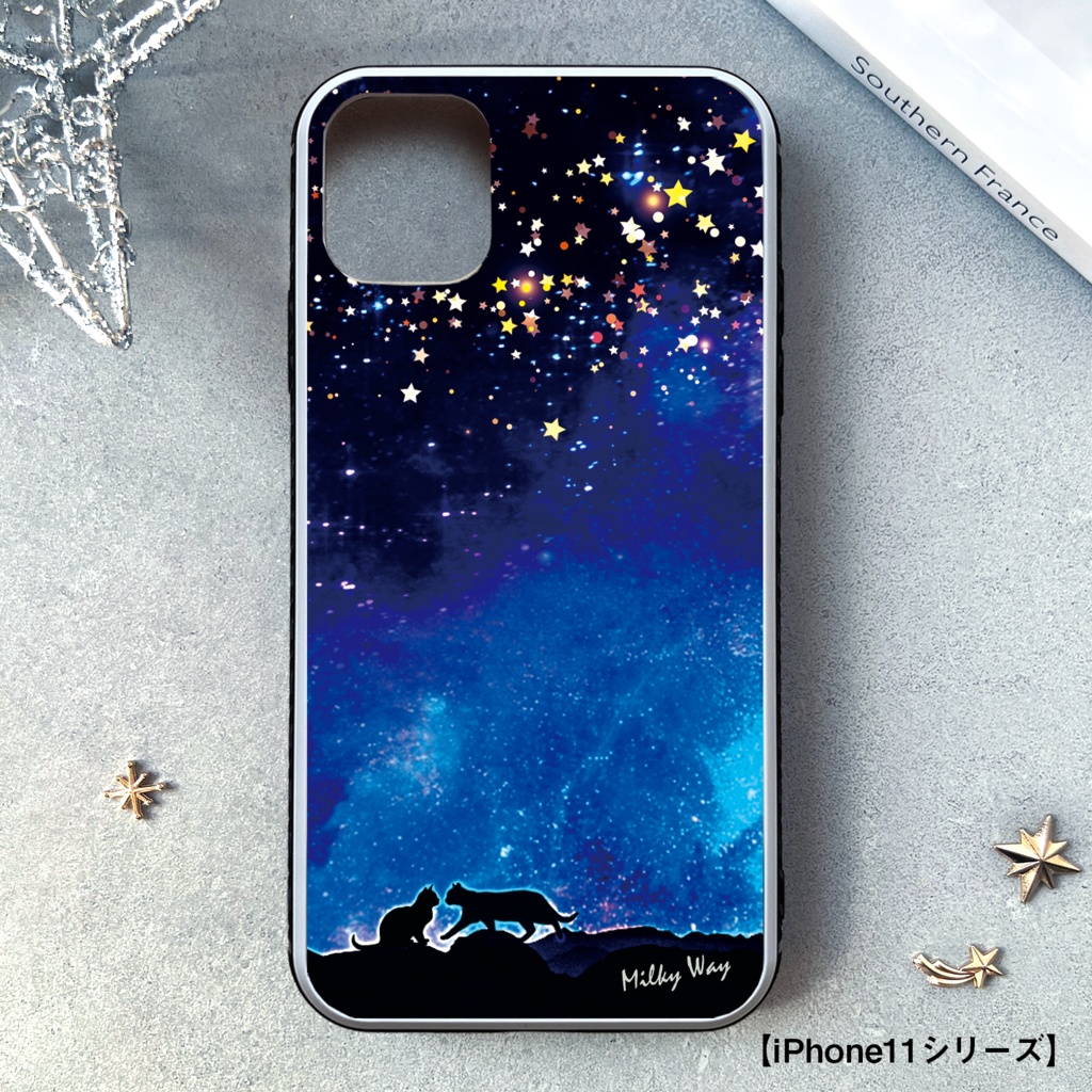 星空デートな猫のiphoneケース(強化ガラス) 猫 黒猫 スマホケース 宇宙 iPhone17 Air iphone14 iphone13 iphone16 iphone15 他