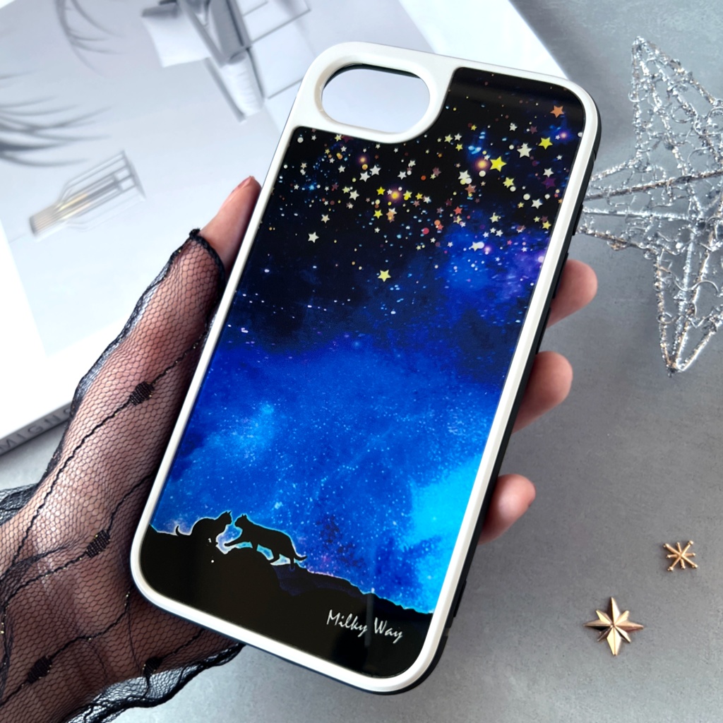 星空デートな猫のiphoneケース(強化ガラス) 猫 黒猫 スマホケース 宇宙 iPhone17e Air iphone14 iphone13 iphone16 iphone15 他