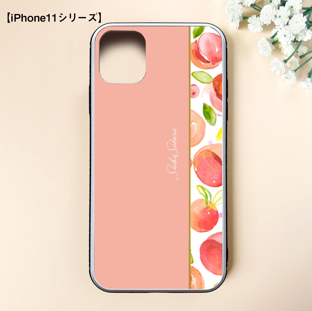 フレッシュピーチのガラススマホケース(ピーチミルク/強化ガラス) 桃 iPhone17e Air iphone13 XR iphone14 iphone16 iphone15 他