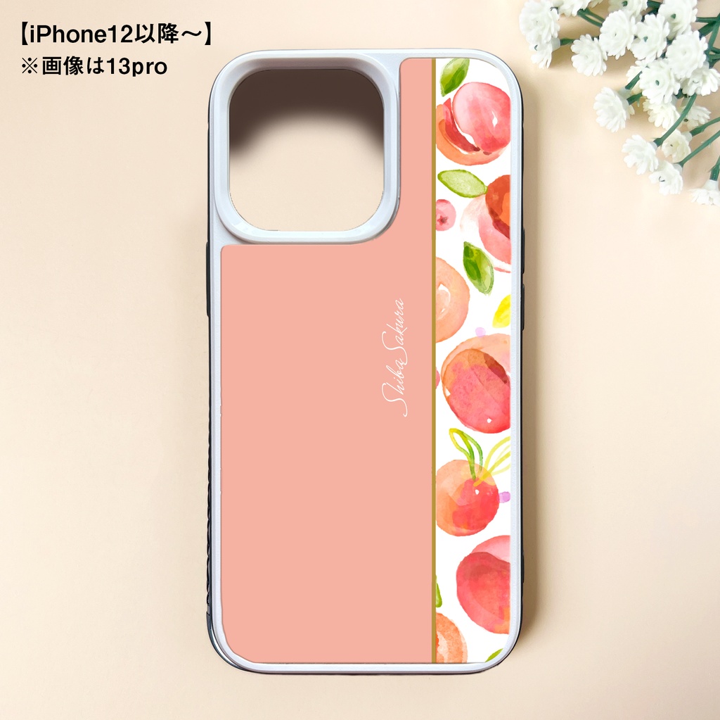 フレッシュピーチのガラススマホケース(ピーチミルク/強化ガラス) 桃 iPhone17e Air iphone13 XR iphone14 iphone16 iphone15 他
