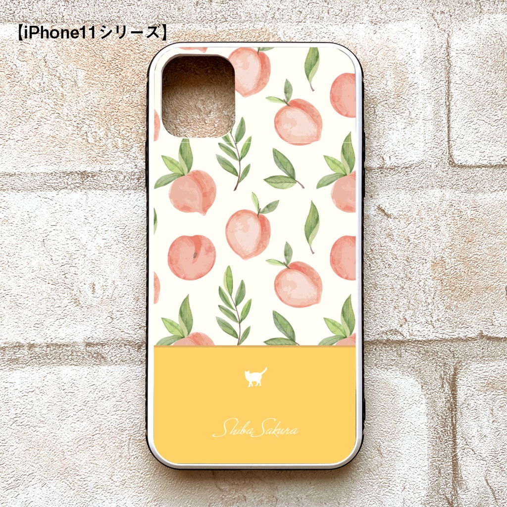 桃とにゃんこのガラススマホケース(ピーチイエロー/強化ガラス)iPhone17 Air 猫 phone15 iphone14 iphone16 他