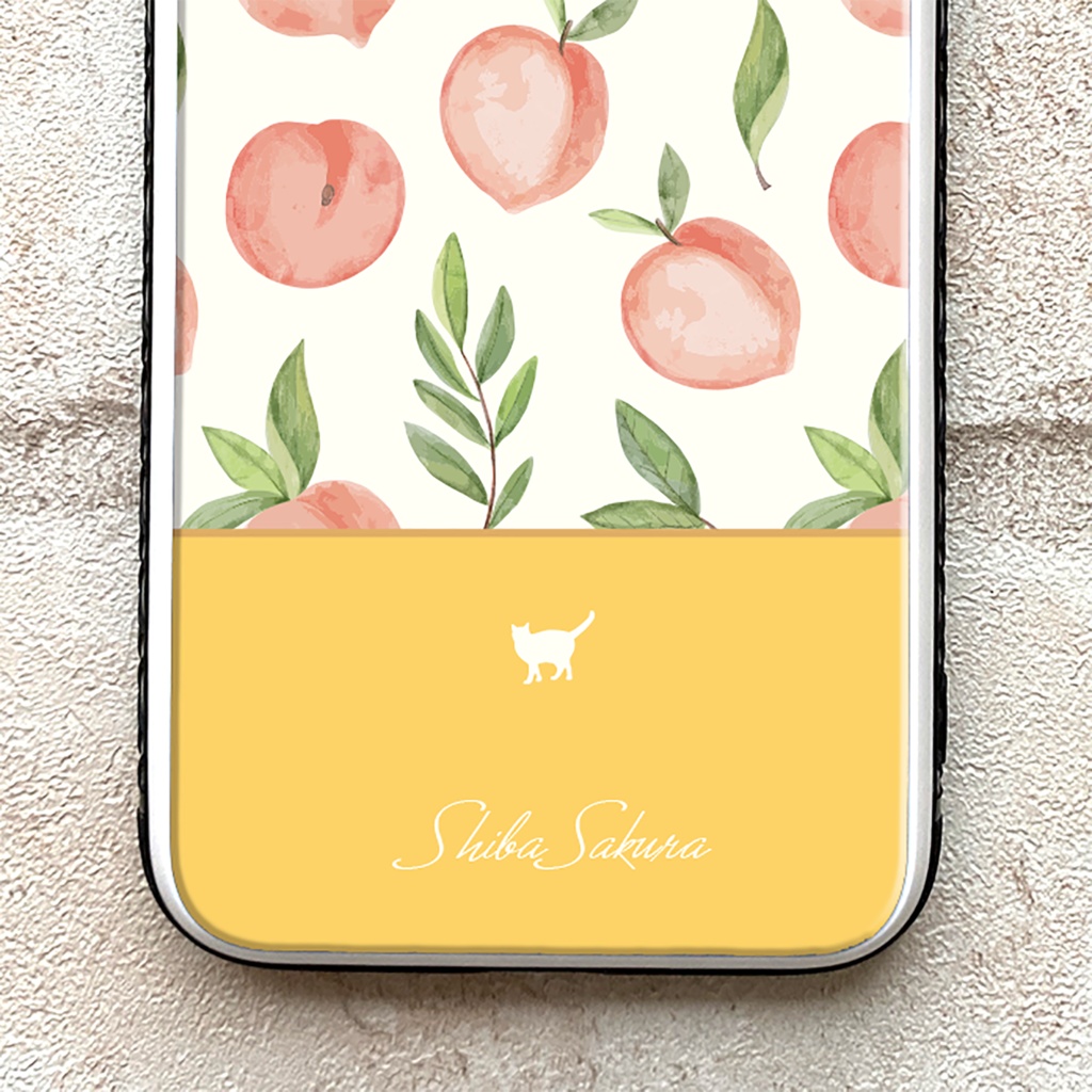桃とにゃんこのガラススマホケース(ピーチイエロー/強化ガラス)iPhone17 Air 猫 phone15 iphone14 iphone16 他