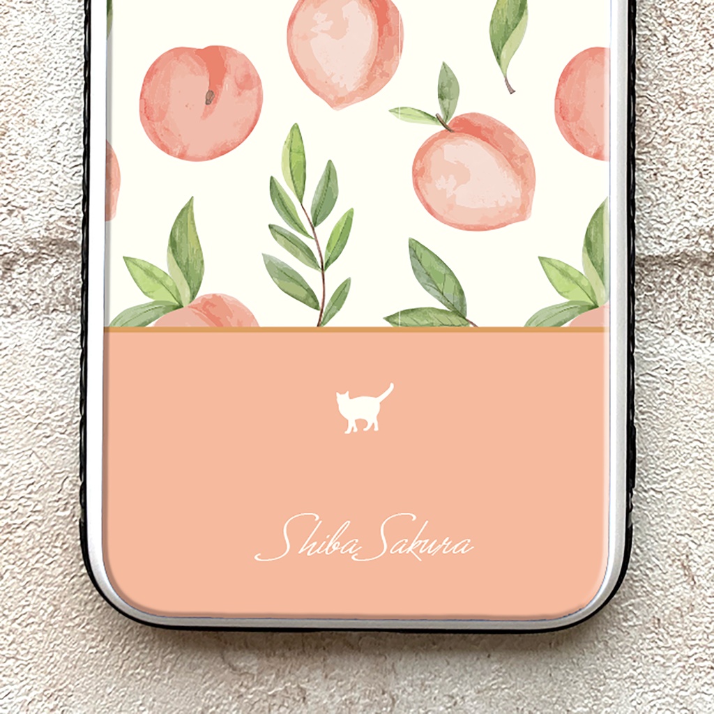 桃とにゃんこのガラススマホケース(ピーチピンク/強化ガラス)猫 iPhone17 Air phone16 iphone15 iphone14 iphone13 他