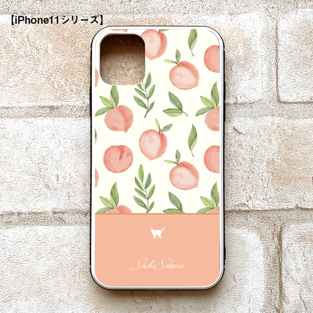 桃とにゃんこのガラススマホケース(ピーチピンク/強化ガラス)猫 iPhone17 Air phone16 iphone15 iphone14 iphone13 他