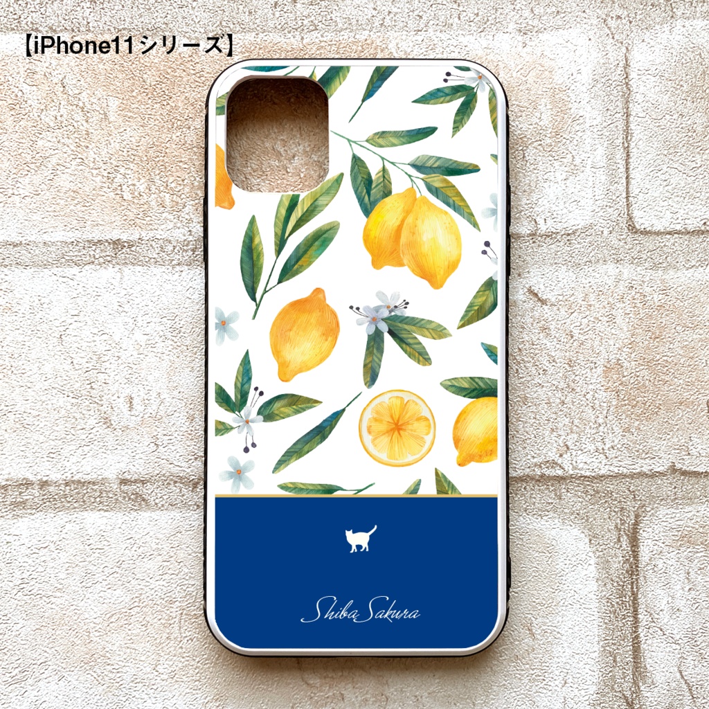 にゃんこレモンのガラススマホケース(ネイビー/強化ガラス)猫 iPhone17 Air iphone13 phone15 iphone14 iphone16 他