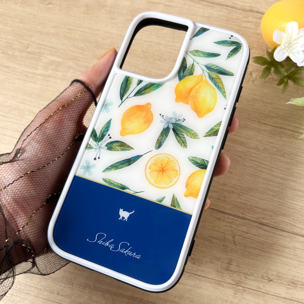 にゃんこレモンのガラススマホケース(ネイビー/強化ガラス)猫 iPhone17e Air iphone13 phone15 iphone14 iphone16 他