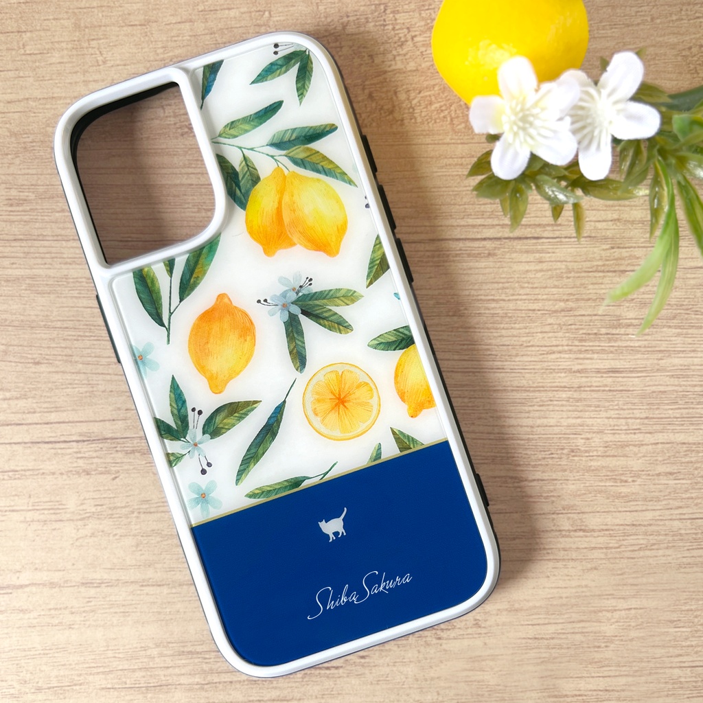 にゃんこレモンのガラススマホケース（ネイビー/強化ガラス）猫 iPhone17e Air iphone13 phone15 iphone14 iphone16 他