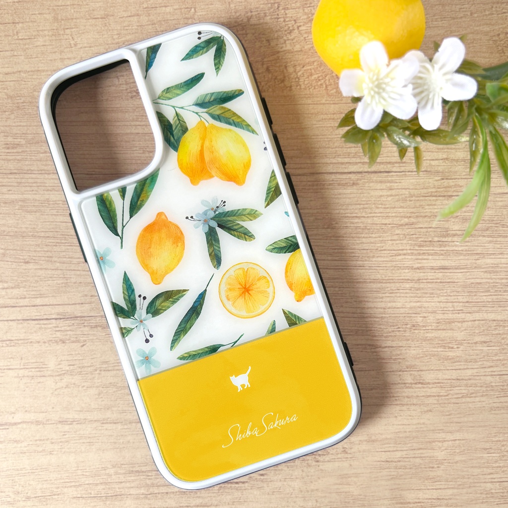 にゃんこレモンのガラススマホケース(イエロー/強化ガラス)猫 phone16 iPhone17e Air iphone14 iphone13 他 iphone15