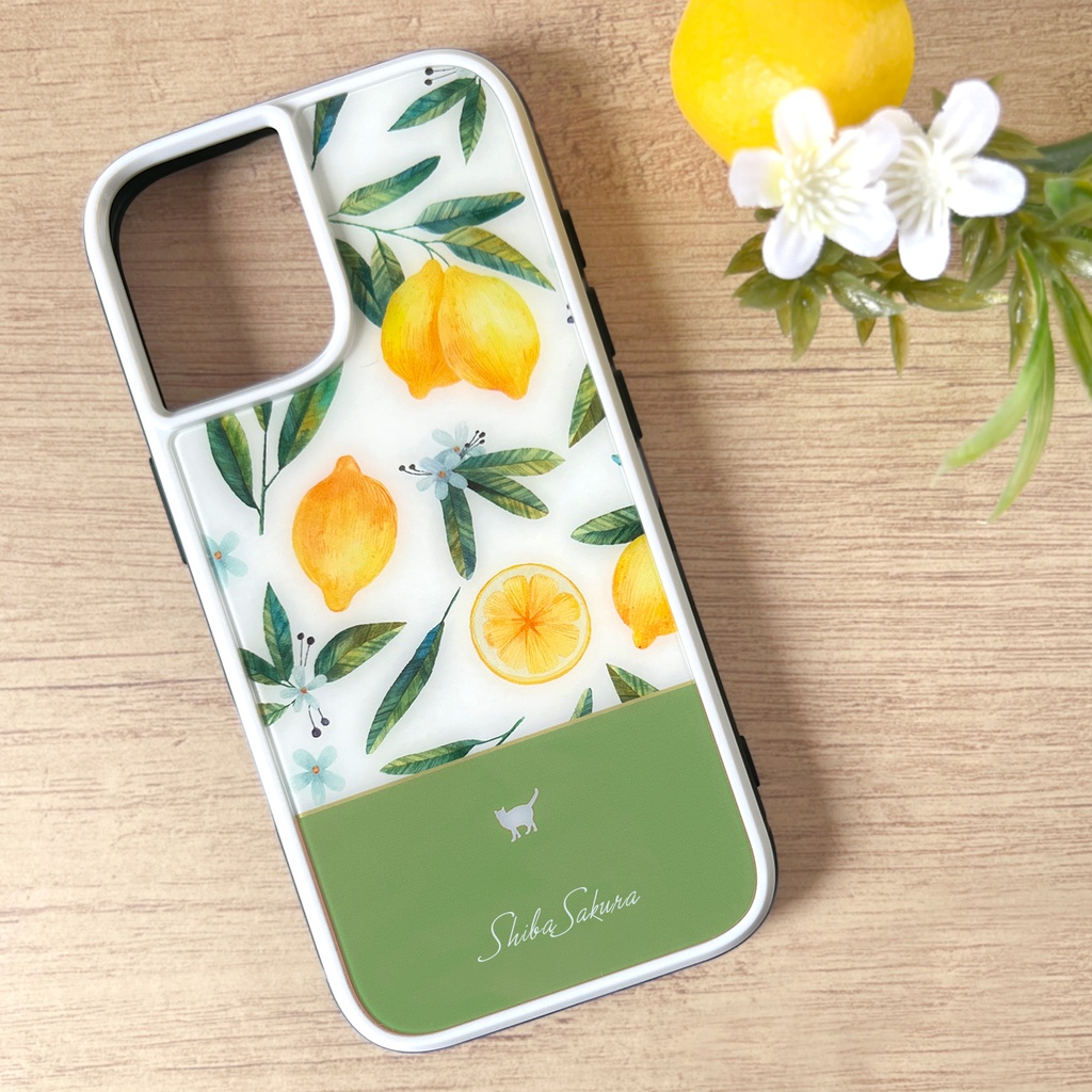 にゃんこレモンのガラススマホケース(グリーン/強化ガラス)猫 iPhone17e Air iphone13 phone15 iphone14 iphone16 他