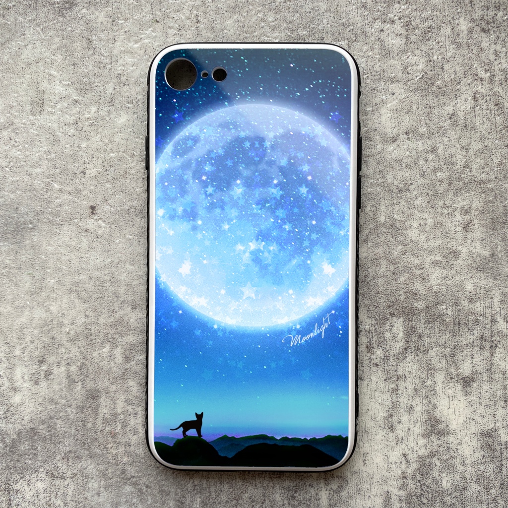 満月とねこのiphoneケース（強化ガラス/ブルー） 猫 黒猫 月 宇宙 iphone14 iphone13 iphone12 iohone15 他