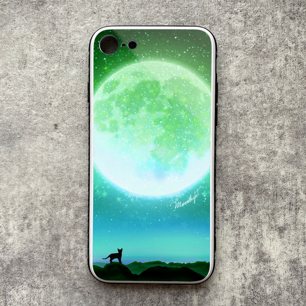 満月とねこのiphoneケース（強化ガラス/グリーン） 猫 黒猫 月 宇宙 iphone14 iphone13 iphone12 iohone15 他