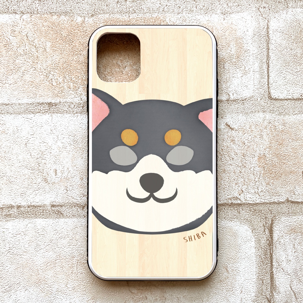 まんまる黒柴のウッド風ガラススマホケース 強化ガラス iphone14 iPhone17 Air iphone13 iphone15 iphone16 XR 他
