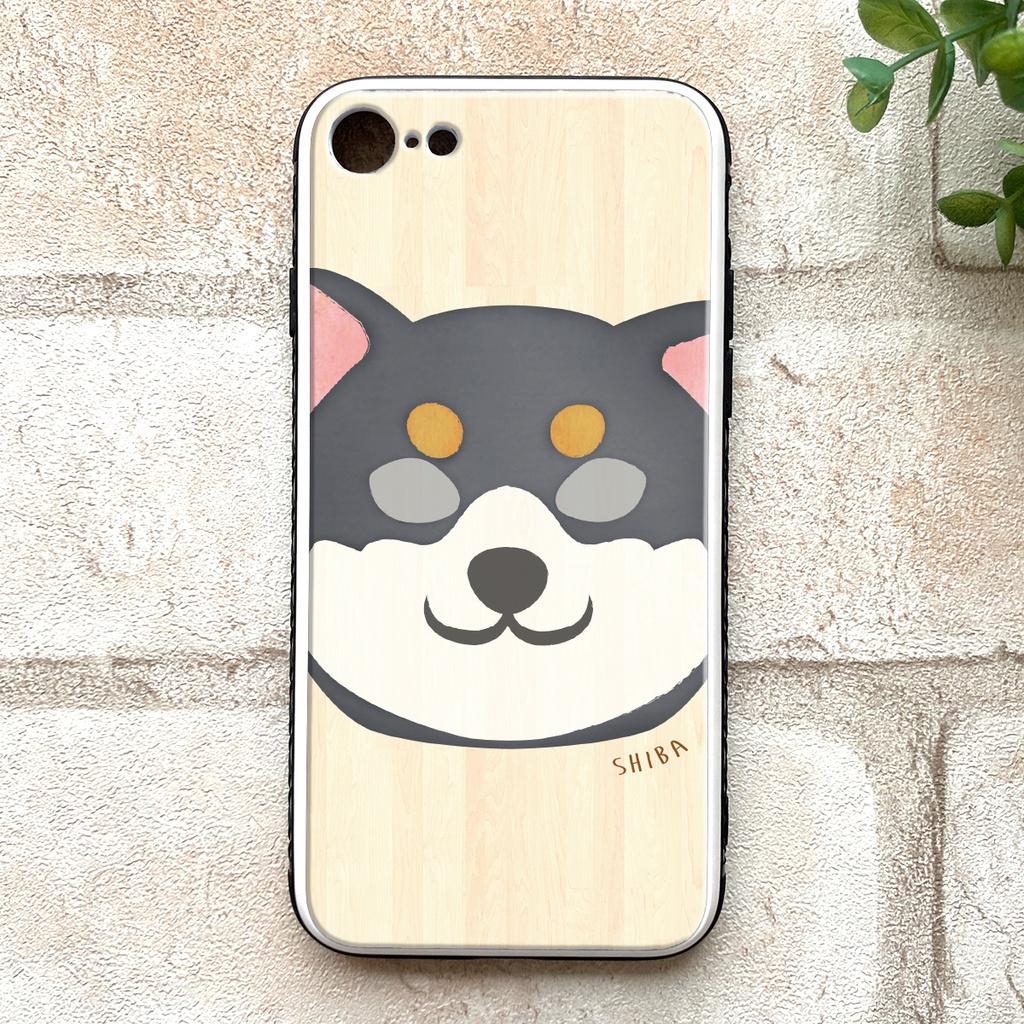 まんまる黒柴のウッド風ガラススマホケース 強化ガラス iphone14 iphone15 iphone16 XR 他