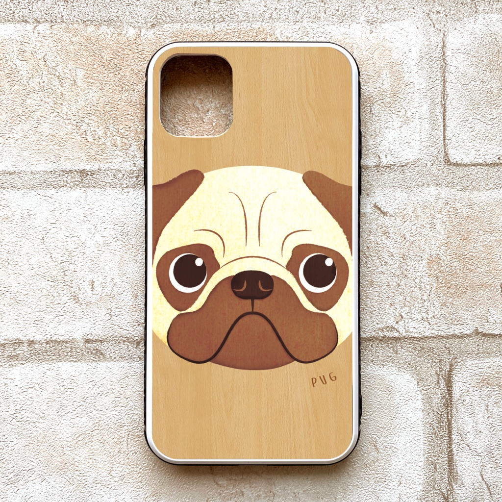 もっちりパグのウッド風ガラススマホケース 強化ガラス iPhone17 Air iphone13 iphone14 iphone15 iphone16 iPhone16e XR 他