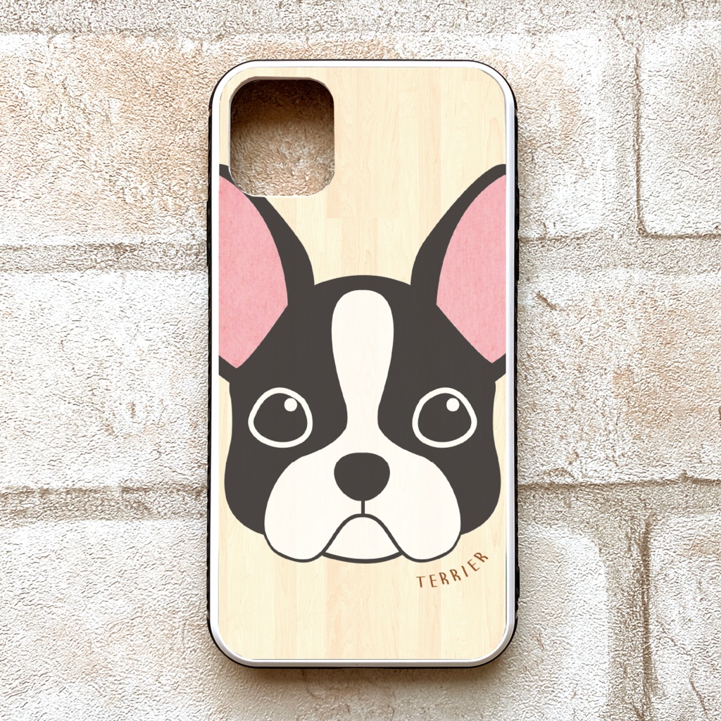 ボストンテリアのウッド風ガラススマホケース ボステリ 犬 強化ガラス iPhone17 Air iphone13 iphone14 iphone15 iphone16 XR 他
