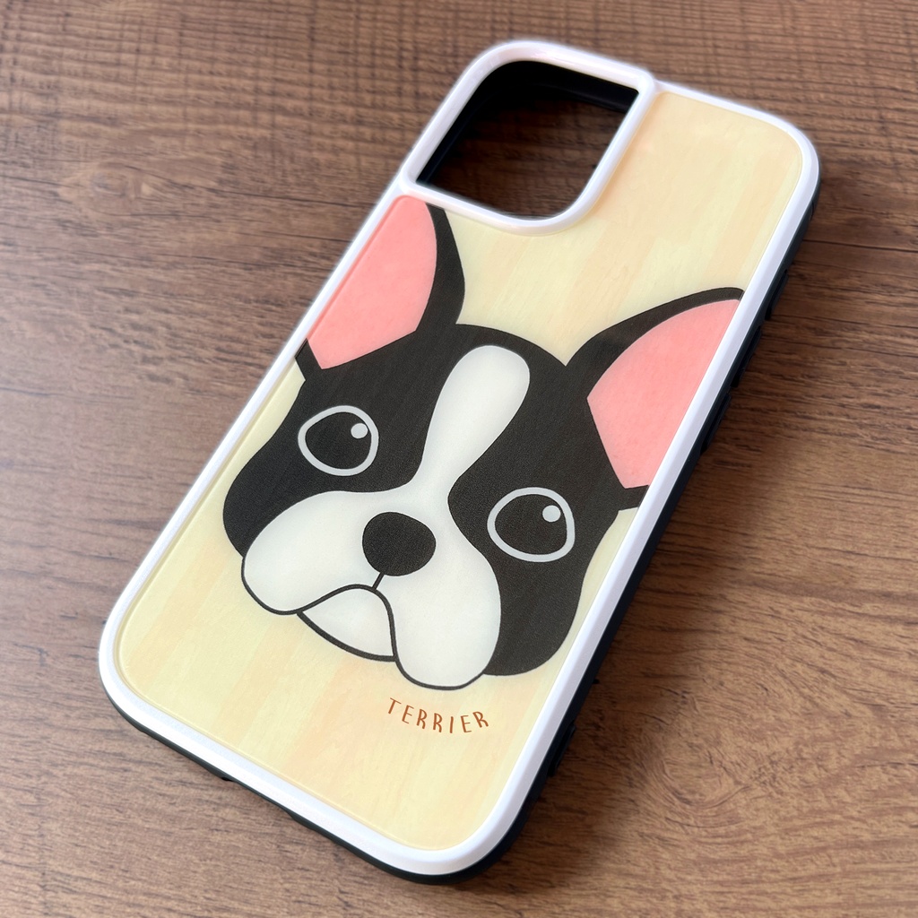 ボストンテリアのウッド風ガラススマホケース ボステリ 犬 強化ガラス iPhone17e Air iphone13 iphone14 iphone15 iphone16 XR 他