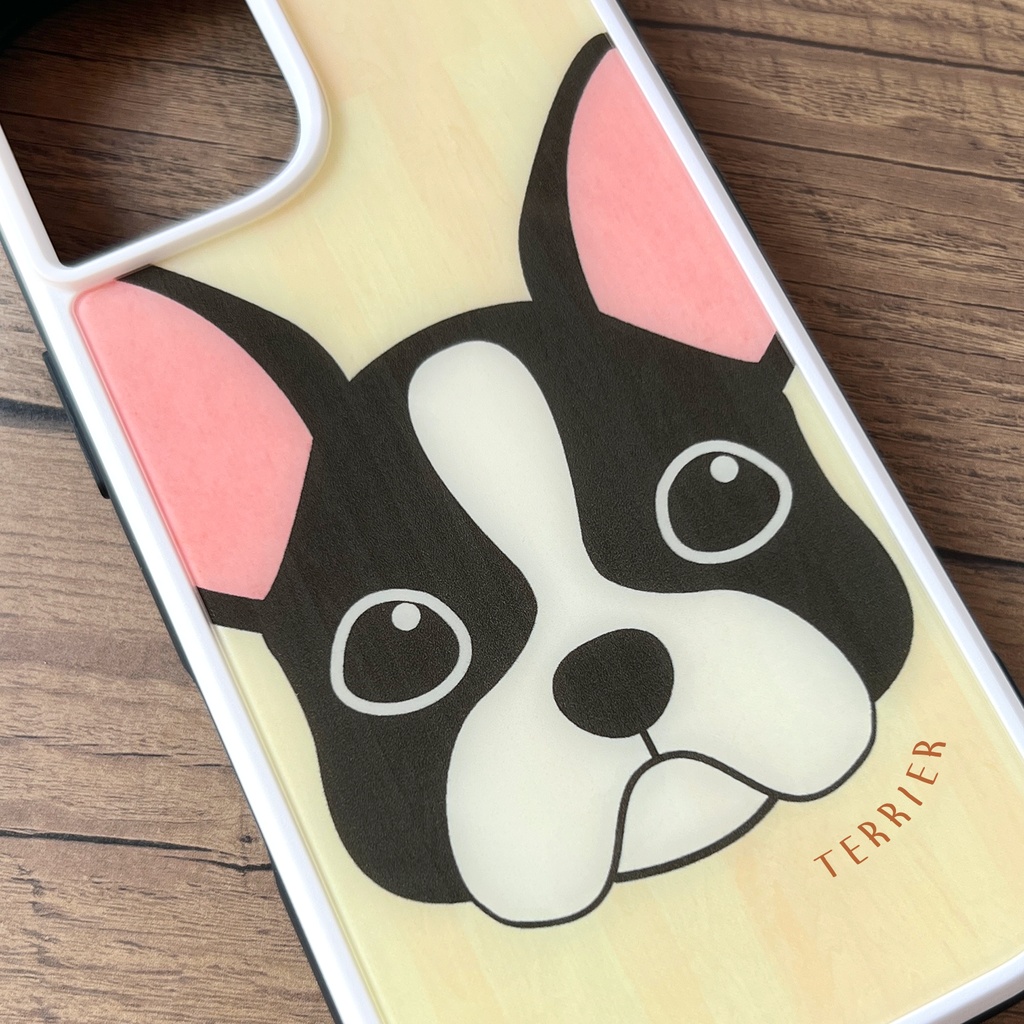 ボストンテリアのウッド風ガラススマホケース ボステリ 犬 強化ガラス iPhone17e Air iphone13 iphone14 iphone15 iphone16 XR 他
