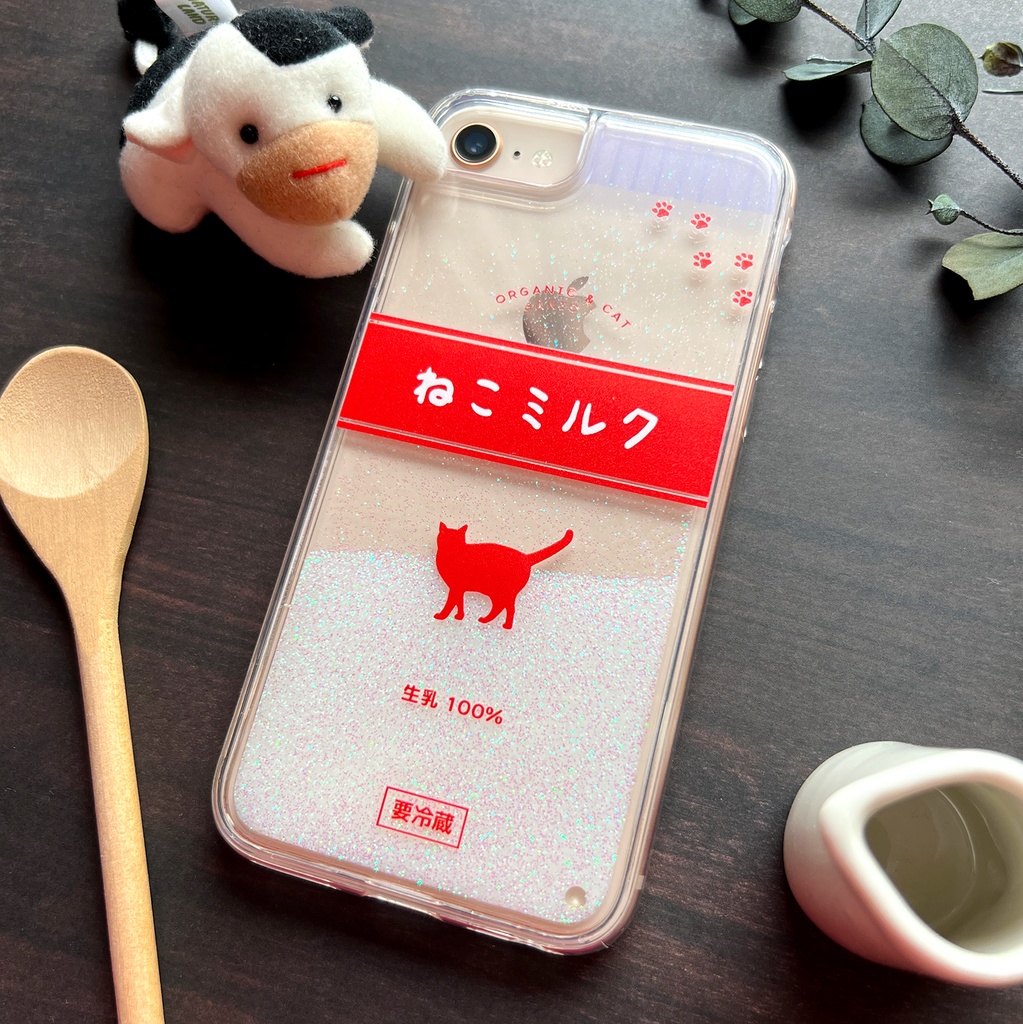 ねこミルクのキラキラグリッターケース(赤) 猫 スマホケース メンズ 牛乳 iphone17 air iphone14 iphone15 iPhone16e SE 他
