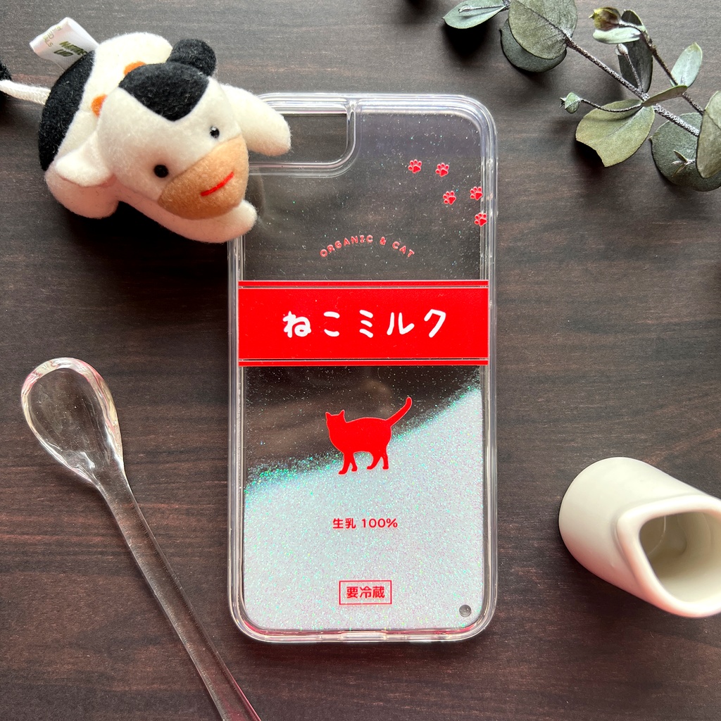 ねこミルクのキラキラグリッターケース(赤) 猫 スマホケース メンズ 牛乳 iphone17 air iphone14 iphone15 iPhone16e SE 他