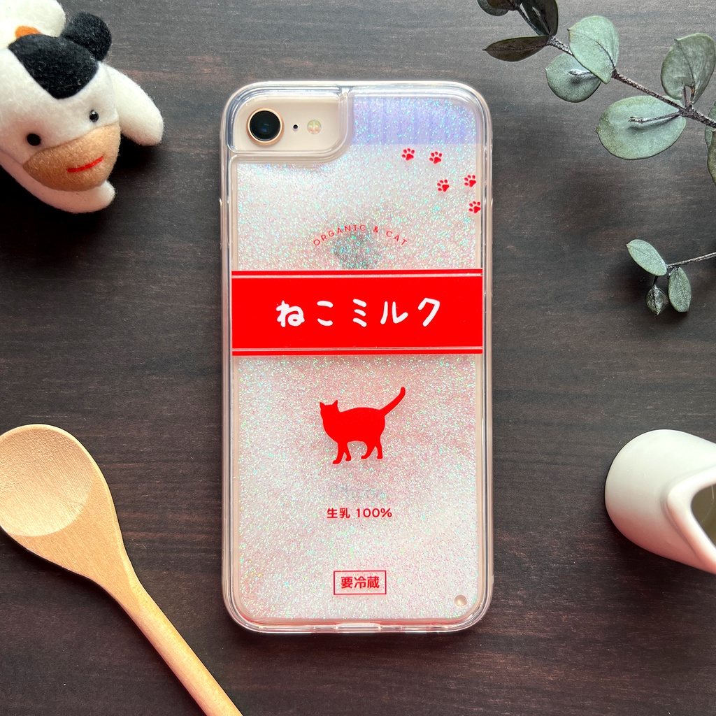 ねこミルクのキラキラグリッターケース(赤) 猫 スマホケース メンズ 牛乳 iphone17 air iphone14 iphone15 iPhone16e SE 他