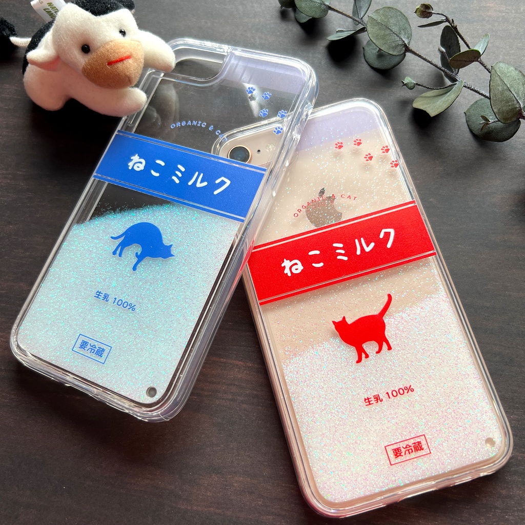 ねこミルクのキラキラグリッターケース(赤) 猫 スマホケース メンズ 牛乳 iphone17 air iphone14 iphone15 iPhone16e SE 他