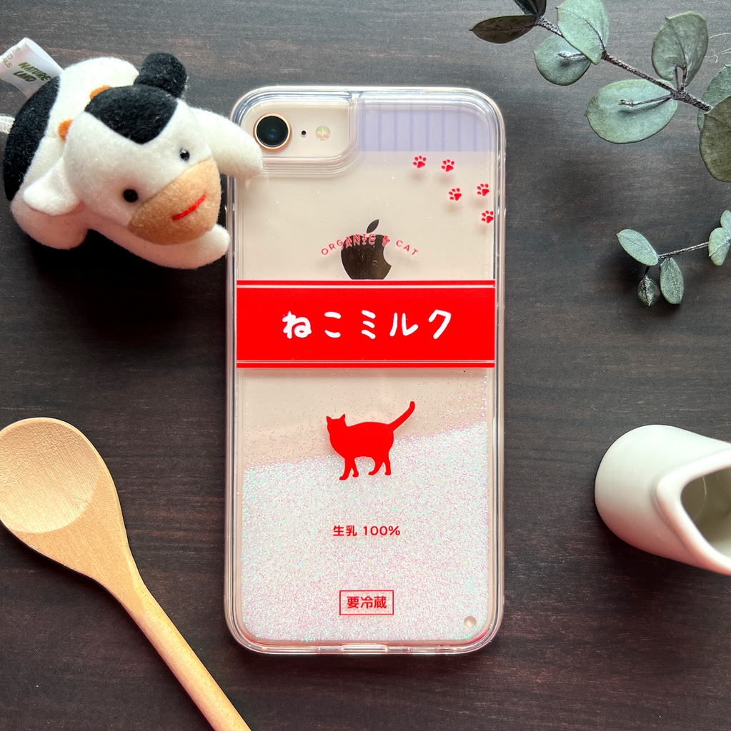 ねこミルクのキラキラグリッターケース（赤） 猫 スマホケース メンズ 牛乳 iphone13 iphone14 iphone12 SE 他